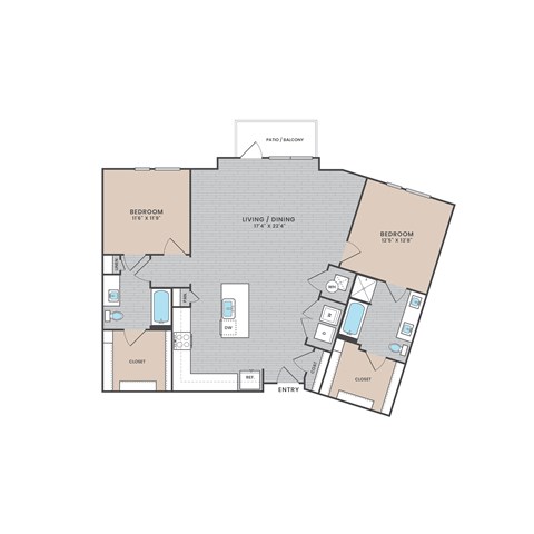 Floor plan for 2 beds, 2 baths, 1303 sqft